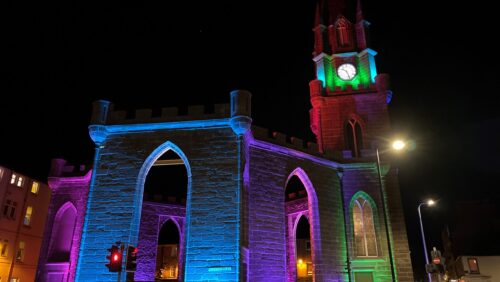 The redeveloped St Pauls church illuminated at night