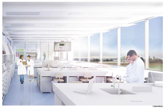 artistic impression of the inside of a science lab, men and women wearing white lab coats